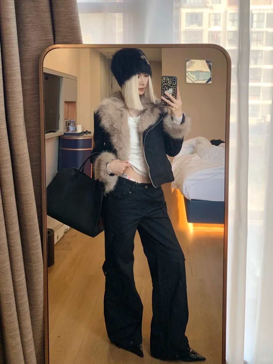 White Top with Black Light - Brown Fur - Collar Short Jacket and Black Wide - Leg Pants Y2K Outfit - tutufox - 