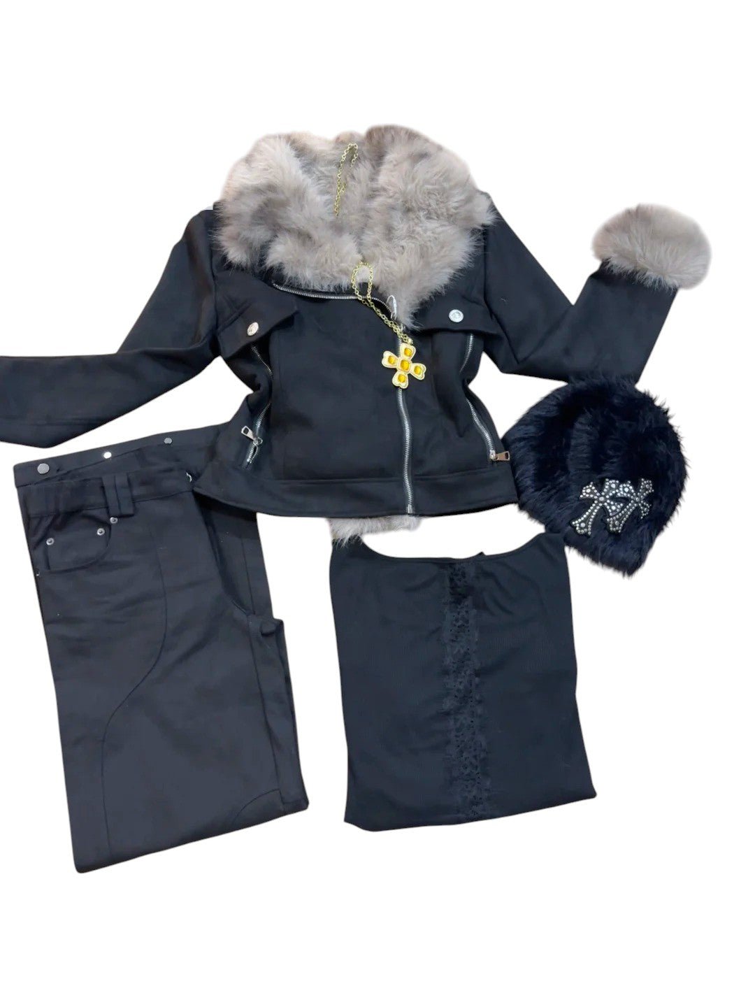 White Top with Black Light - Brown Fur - Collar Short Jacket and Black Wide - Leg Pants Y2K Outfit - tutufox - 