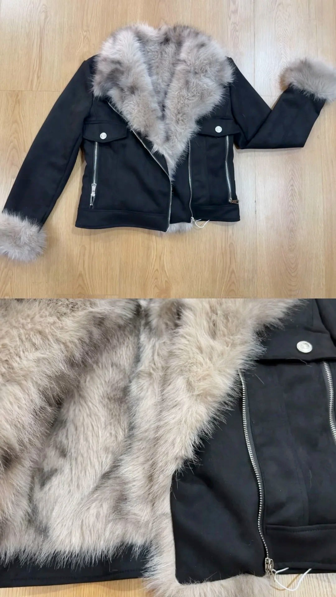 White Top with Black Light - Brown Fur - Collar Short Jacket and Black Wide - Leg Pants Y2K Outfit - tutufox - 