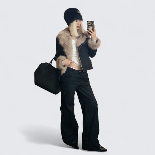White Top with Black Light - Brown Fur - Collar Short Jacket and Black Wide - Leg Pants Y2K Outfit - tutufox - 