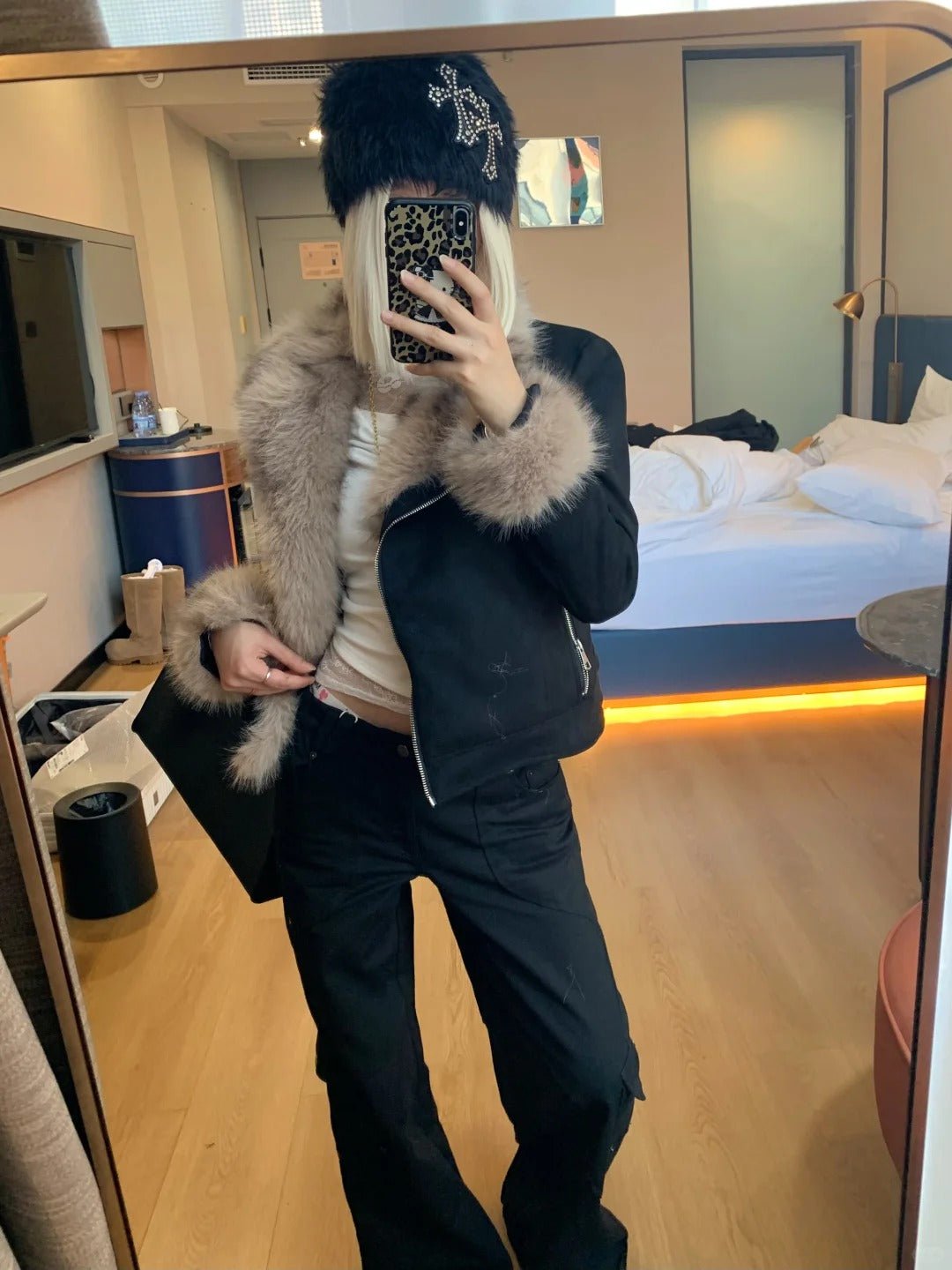 White Top with Black Light - Brown Fur - Collar Short Jacket and Black Wide - Leg Pants Y2K Outfit - tutufox - 