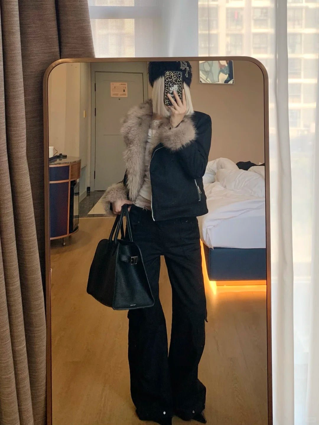 White Top with Black Light - Brown Fur - Collar Short Jacket and Black Wide - Leg Pants Y2K Outfit - tutufox - 