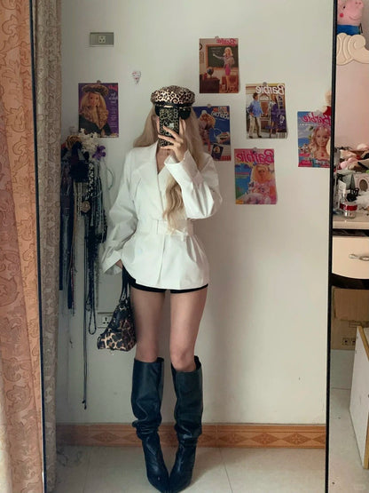 White Waist - Tie Mid - Length Blazer Dress Y2K Dress - tutufox - 