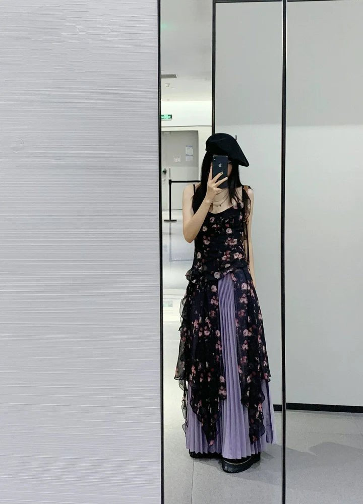 Wild Rose Print Two - Piece Halter Asymmetrical Hot Girl Waist - Cinched Summer Maxi Dress - tutufox - 