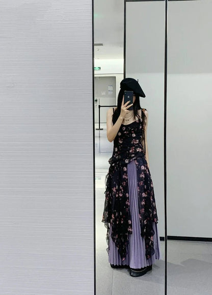 Wild Rose Print Two - Piece Halter Asymmetrical Hot Girl Waist - Cinched Summer Maxi Dress - tutufox - 