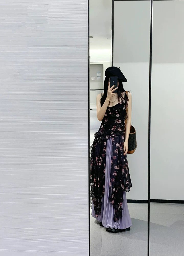 Wild Rose Print Two - Piece Halter Asymmetrical Hot Girl Waist - Cinched Summer Maxi Dress - tutufox - 