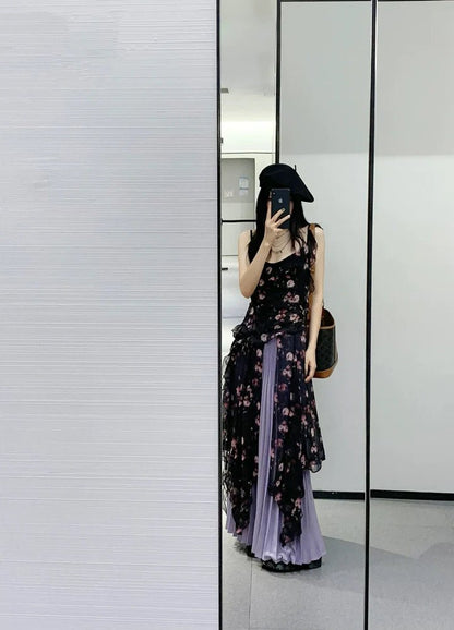 Wild Rose Print Two - Piece Halter Asymmetrical Hot Girl Waist - Cinched Summer Maxi Dress - tutufox - 