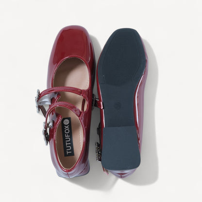 Wine Red Ballet Strap Mary Jane Flats - tutufox - shoes