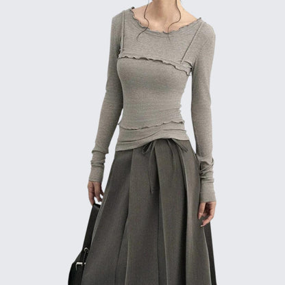 Winter French-Style Crewneck Two-In-One Fitted Long-Sleeve T-Shirt For Layering