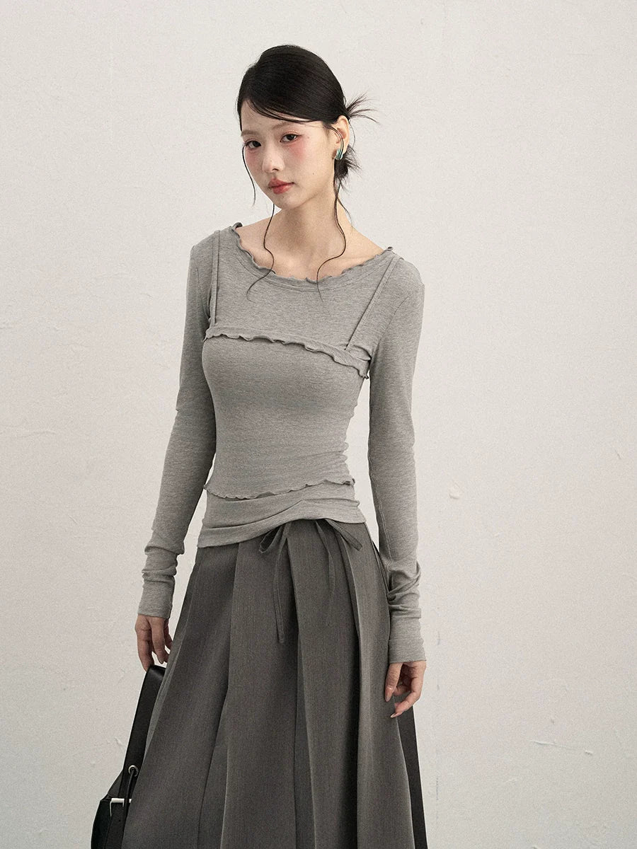 Winter French - Style Crewneck Two - In - One Fitted Long - Sleeve T-Shirt For Layering - tutufox - 