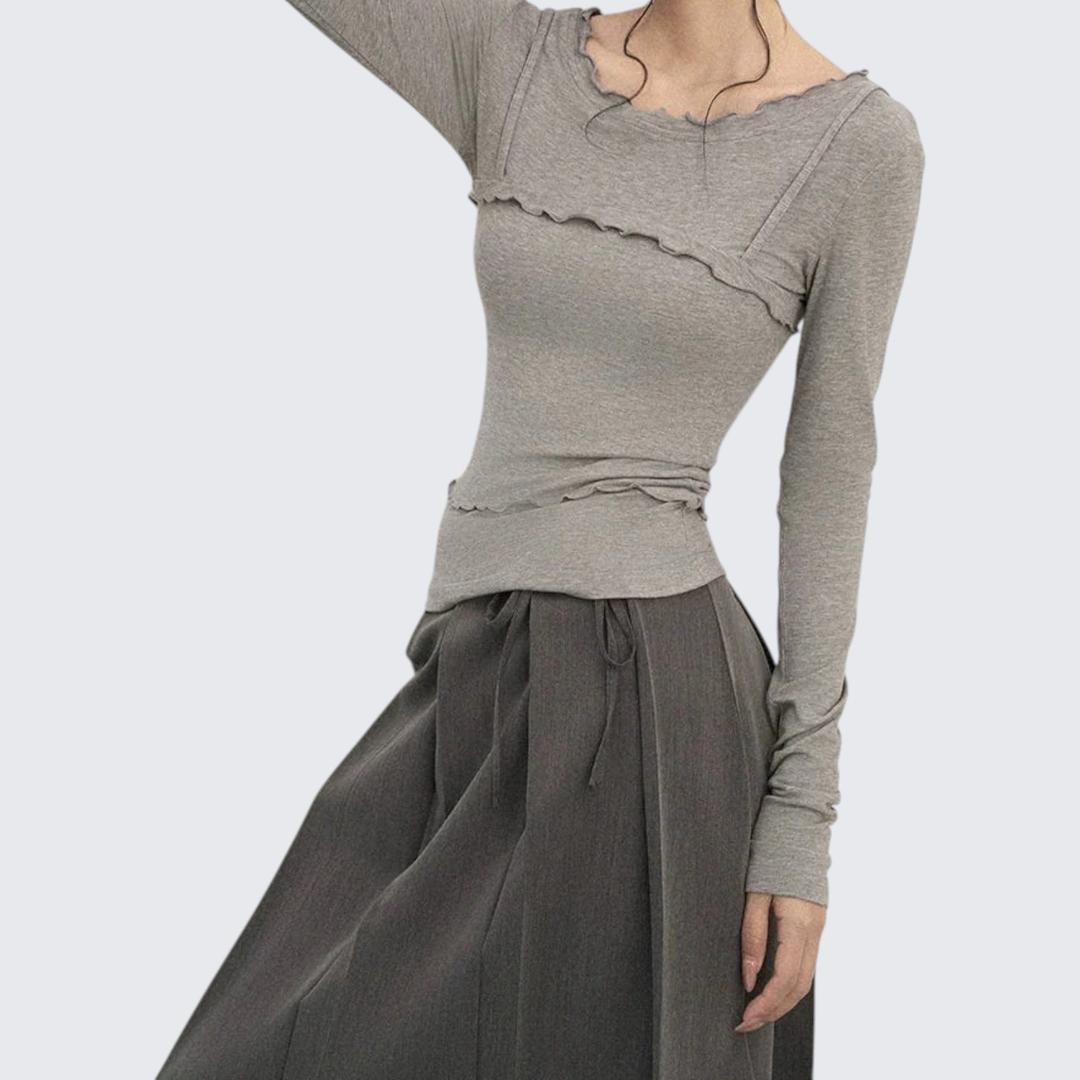 Winter French - Style Crewneck Two - In - One Fitted Long - Sleeve T-Shirt For Layering - tutufox - 