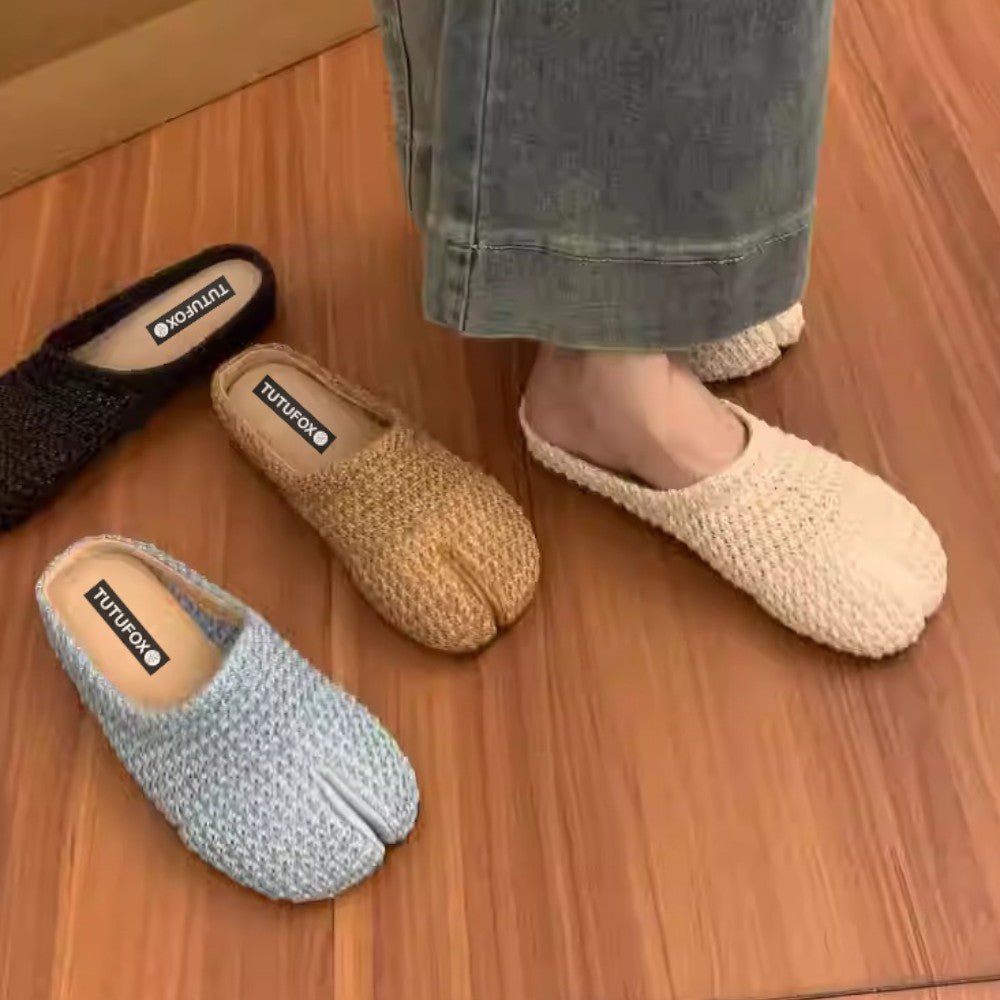 Woven Black Split Toe Women’s Slide Sandals Tabi - tutufox - tabis