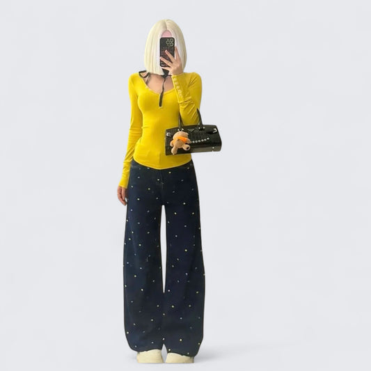 Yellow Button Top with Blue Polka Wide Jeans Y2K Two - Piece Set - tutufox - 