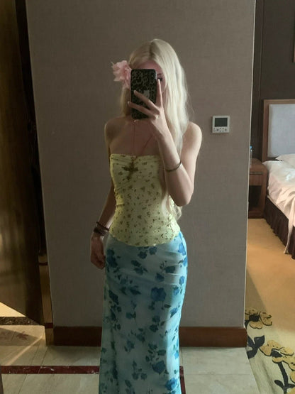Yellow Floral Tube Top and Blue Floral Maxi Skirt Y2K Two Pieces Sets - tutufox - 