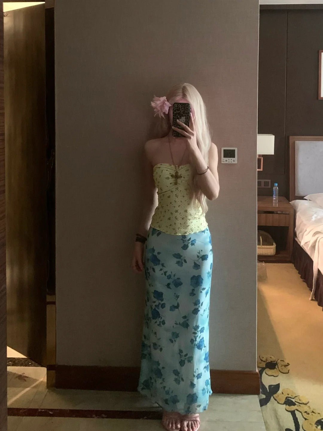 Yellow Floral Tube Top and Blue Floral Maxi Skirt Y2K Two Pieces Sets - tutufox - 