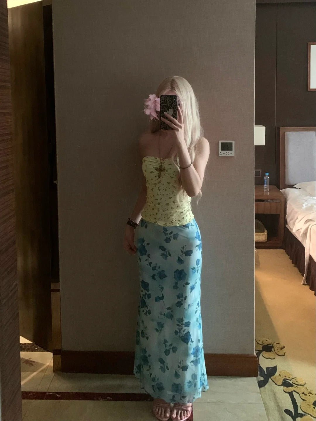 Yellow Floral Tube Top and Blue Floral Maxi Skirt Y2K Two Pieces Sets - tutufox - 