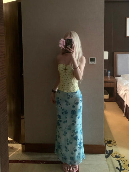 Yellow Floral Tube Top and Blue Floral Maxi Skirt Y2K Two Pieces Sets - tutufox - 
