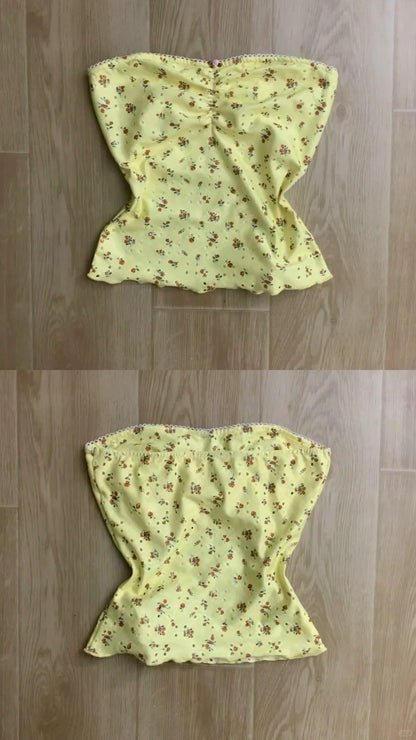 Yellow Floral Tube Top and Blue Floral Maxi Skirt Y2K Two Pieces Sets - tutufox - 