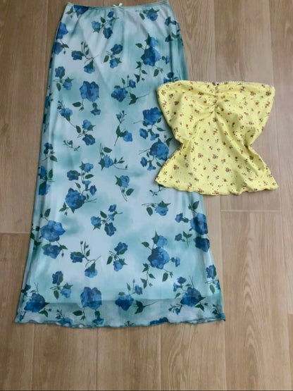 Yellow Floral Tube Top and Blue Floral Maxi Skirt Y2K Two Pieces Sets - tutufox - 