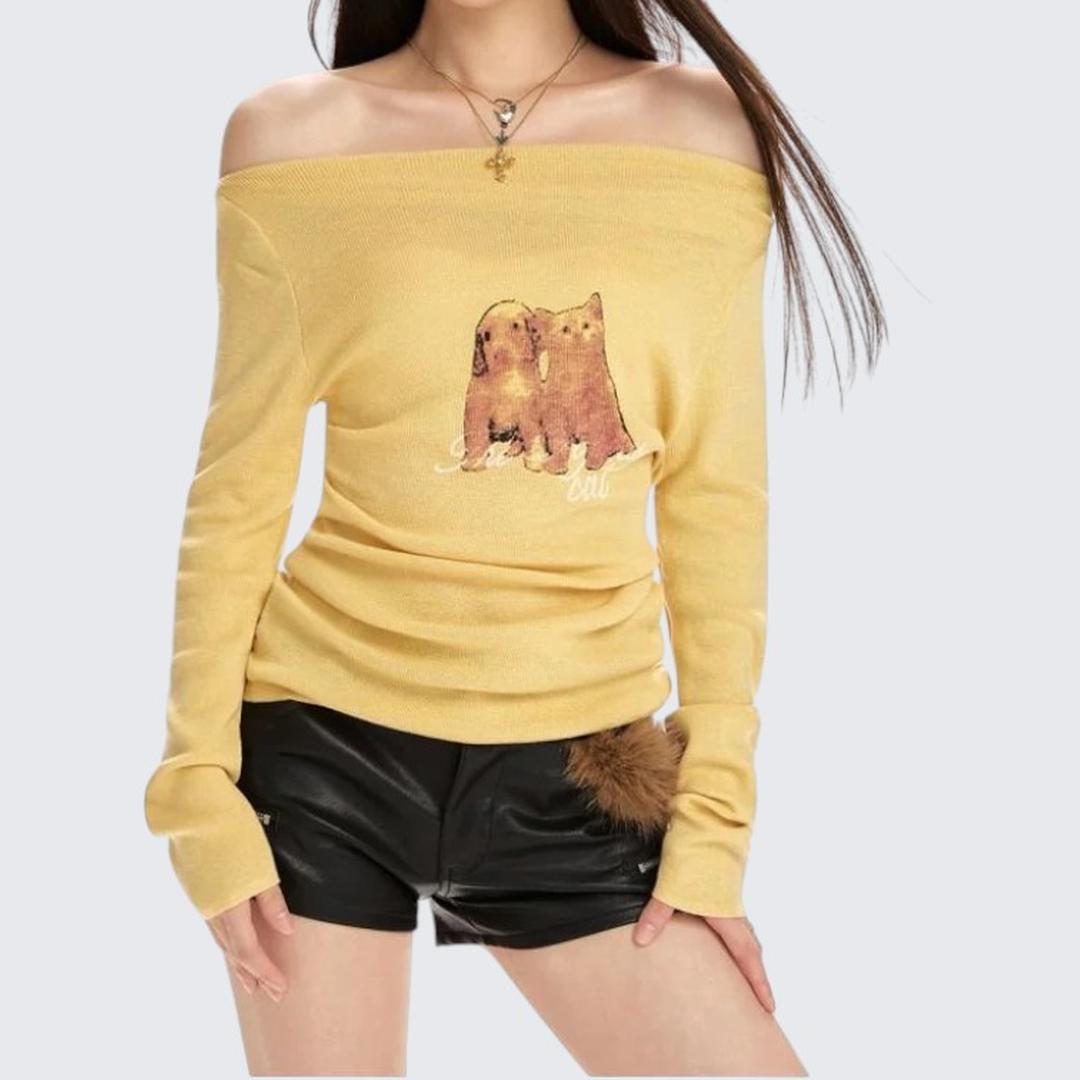 Yellow One - Shoulder Printed Long - Sleeve Sweater For Women - Spring & Autumn - tutufox - 