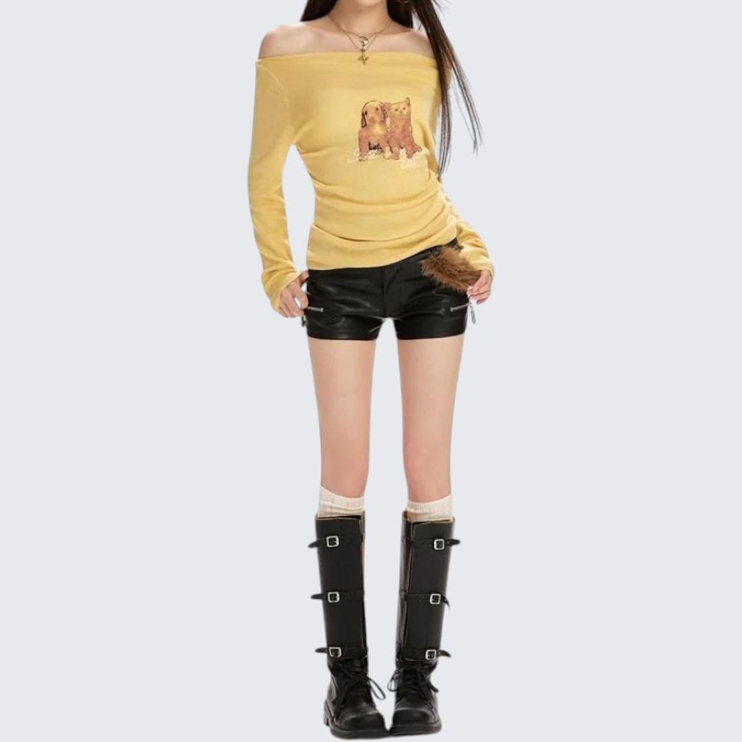 Yellow One - Shoulder Printed Long - Sleeve Sweater For Women - Spring & Autumn - tutufox - 