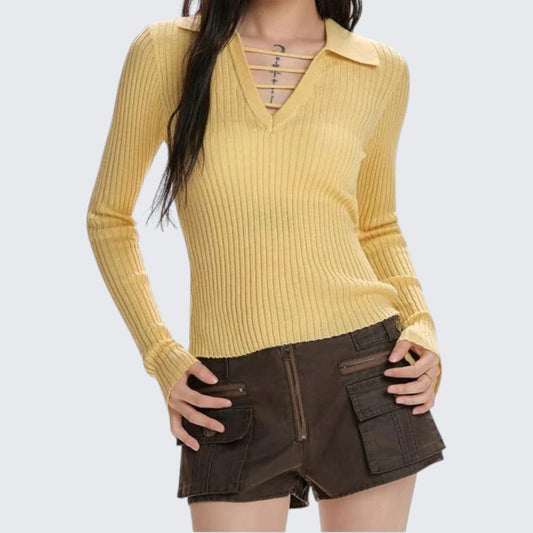 Yellow V-Neck Long-Sleeve Knitted Sweater For Women - Spring & Autumn